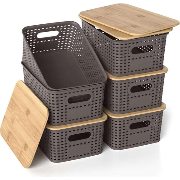 Plastic Storage Baskets with Bamboo Lids, Stackable Small Box Bins for Organizing and Containers for Shelves Drawers Desktop Closet Pantry Classroom Office Home, 6 Pack 10.2x7.2x4.1 Inch, Brown