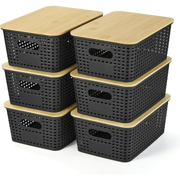 Plastic Storage Baskets with Bamboo Lids, Stackable Storage Containers for Organizing Shelves, Drawers, Desktop, Closet, Playroom, Classroom, Office, 6 Pack Durable Storage Bins