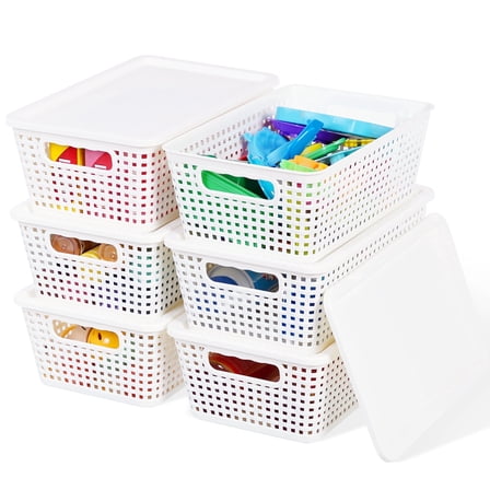 Small Plastic Storage Basket with Lid Handle 7x10.9x4 in Cream White 6 Pack