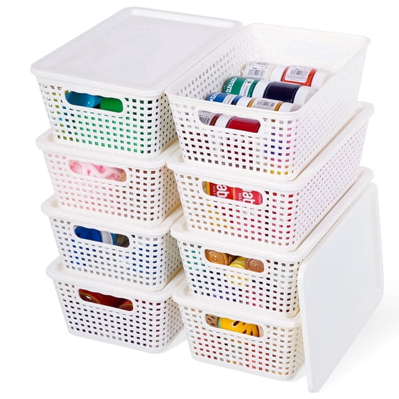 Small Plastic Basket with Lid Handle 7x10.9x4 in Stacking Storage Basket Cream White 8 Pack