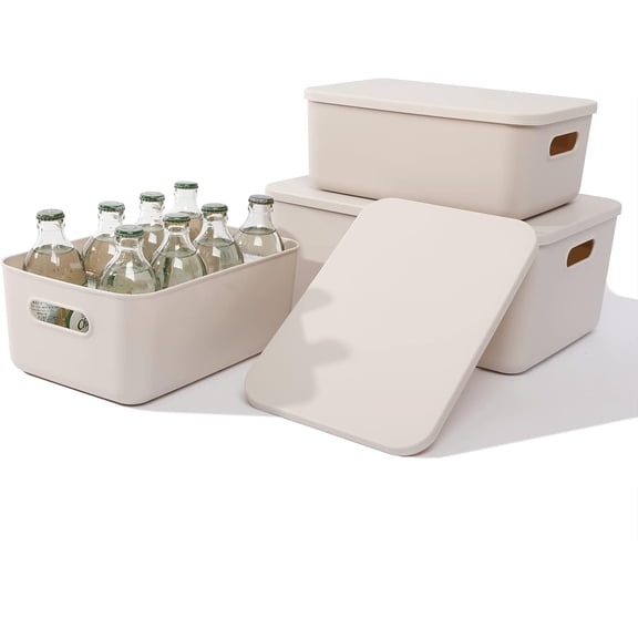 Plastic Storage Baskets With Lid Organizing Container Lidded Knit Storage Organizer Bins for Shelves Drawers Desktop Closet Playroom Classroom Office (M+2S, Light grey)