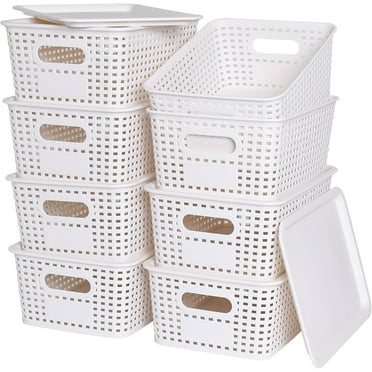Plastic Storage Baskets with Lid-Plastic Storage Containers Stackable Storage bins: Storage Baskets for Organizing Shelves Drawers Desktop Closet Playroom Classroom Office 8Pack-White,10.2x7.2x4.1Inch