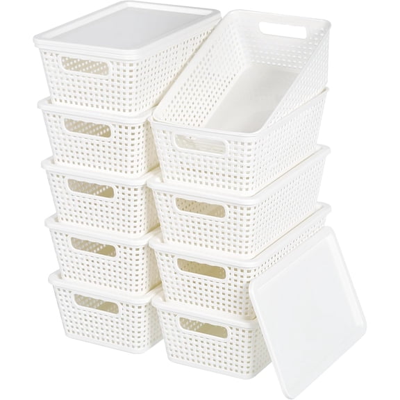 Plastic Storage Baskets With Lid, Storage Bins for Organizing, Stackable Decorative Containers for Shelves Drawers Desktop Closet Playroom Classroom Office, 10 Pack-White