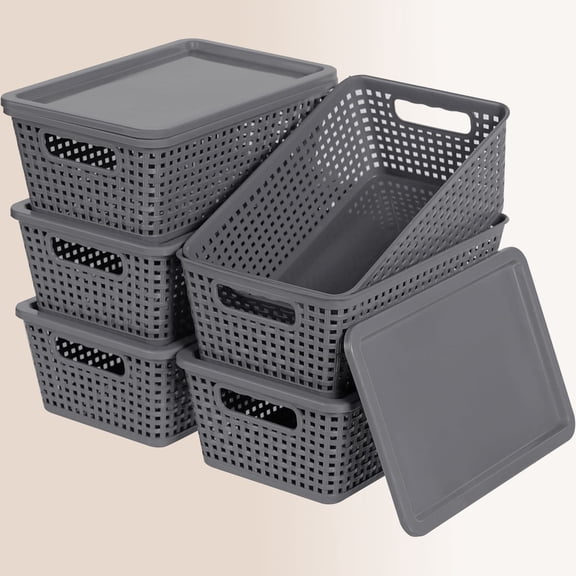 Plastic Storage Baskets With Lid, Storage Bins for Organizing, Stackable Decorative Containers for Shelves Drawers Desktop Closet Playroom Classroom Office, 6 Pack-Grey