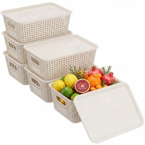 Plastic Storage Bins with Lids, 5.2qt Stackable Box Basket Pantry Decorative Containers for Organizing Desktop Closet Office Cream White of 6 packs 10*7.2*4.1"