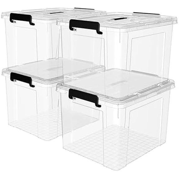 Plastic Storage Bin Box Organizing Container with Lid and Secure Latching Buckles, Clear, 72Qt x 4, Pack of 4