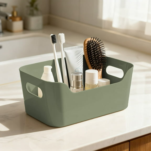 Plastic Storage Bin for Kitchen Cabinet Organization, Countertop Snack Container with Handle, Clear Large Capacity Organizer for Living Room Pantry Food, Beige/Green Size 9.6x6.7x4in