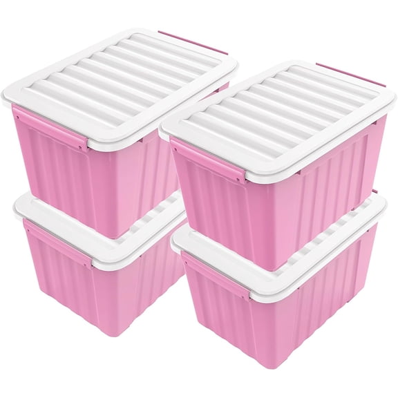 Plastic Storage Bin, Stackable and Nestable Storage Boxes with White Lids and Secure Latching Buckles, Large Storage Container (Pink/White, 72Quart-4Pack)