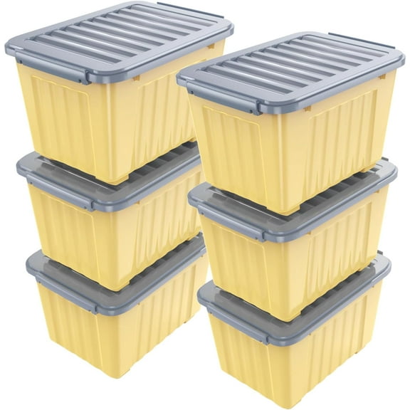 Plastic Storage Bin, Stackable and Nestable Storage Boxes with White Lids and Secure Latching Buckles, Large Storage Container (Yellow/Purple, 72Quart-6Pack)