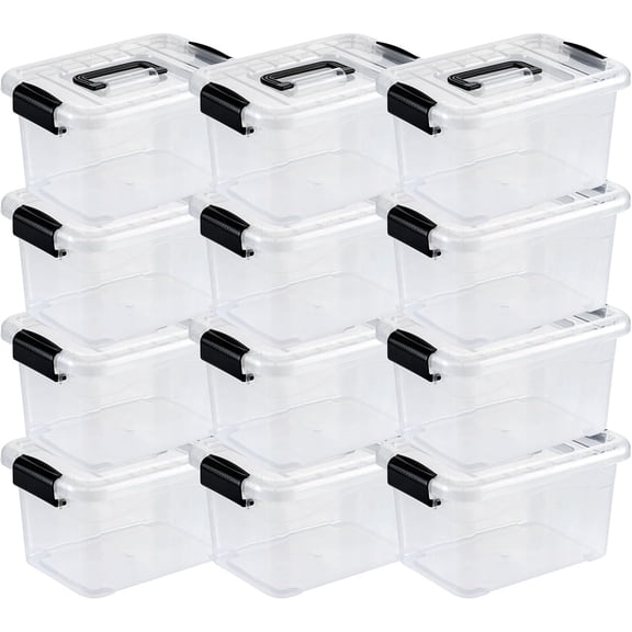 Plastic Storage Bin, Stackable and Nestable Storage Boxes with White Lids and Secure Latching Buckles, Large Storage Container (CLEAR, 6QT 12PACK)