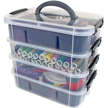 Plastic Storage Bin with 2 Trays - Stackable Storage Containers for Arts, Crafts, Jewelry, and More - Portable Storage Box - Grey Color