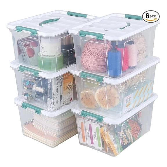 Plastic Storage Bins 14 Quart - 6 Pack Clear Lidded Organizer with Handles, Stackable Container for Home, Office, Closet, Toys, Clothes