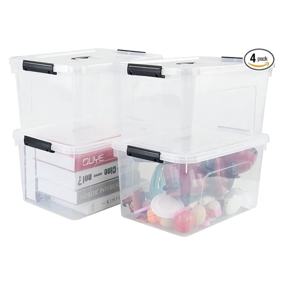 Plastic Storage Bins 17.5 Qt, 4-Pack Clear Storage Boxes with Latch Lids - Home Organization Containers for Clothes, Shoes, Holiday Decorations - 15.98 x 11.25 x 8.66 inches