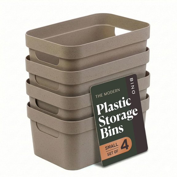 Plastic Storage Bins, 4 Liter - 4 Pack, Taupe | THE MODERN COLLECTION | Plastic Bins for Organization | Woven Storage Baskets for Organizing | Pantry Shelf Organizer Basket Container Bin