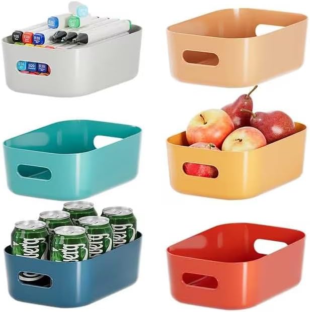 6 PCS Colorful Plastic Storage Bins With Handles - Small Organizer Baskets For Pantry, Fridge, Bathroom & Closet