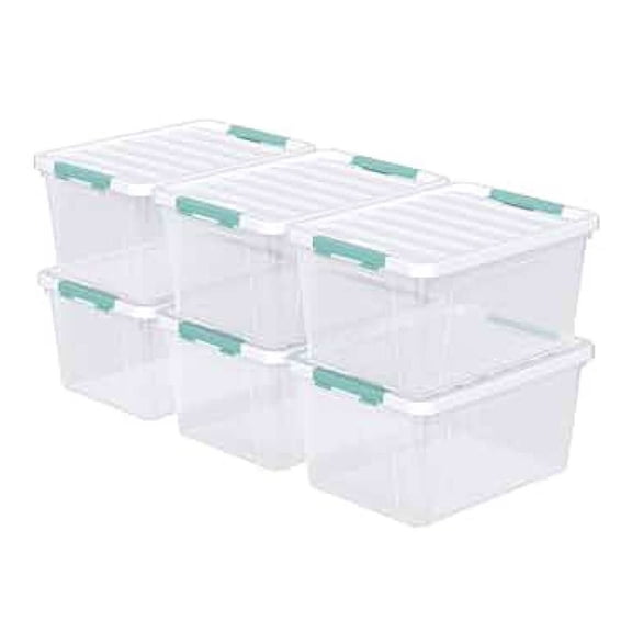 Plastic Storage Bins 6-Pack, 35 Quart Latching Boxes with Clear Base, Stackable Organizer Containers for Closet, Garage, Home, White/Green