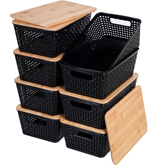 Plastic Storage Bins 8pc Black Pantry Office Home Organization