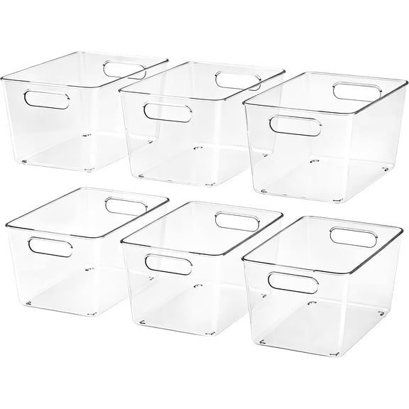 Plastic Storage Bins with Handle Clear Containers for Organizing | Under Sink Organizer Clear Storage Basket for Kitchen, Bathroom, Pantry, Cabinet, Closet, Easy to Move 6 Pack