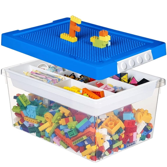 Plastic Storage Bins with Lids - 1 Set Stackable Arts Crafts Organizer Box with Removable Divided Tray &Compatible Building Baseplate Toy Chest Containers for Bricks -Blue(14.37"x9.64"x6.69")