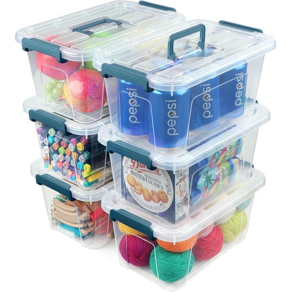 Plastic Storage Bins with Lids 6 Pack, 7 Quart Storage Containers with Black Buckle Latch, Stackable Storage Containers for Home Pantry Office Classroom Organization, White