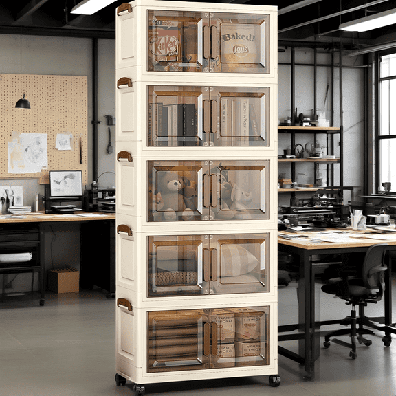 Plastic Storage Bins With Lids Wide Extra Large Storage Cabinet, Collapsible Stackable Containers With Wheels, Foldable Organizer System For Closet, Bathroom, Home, Office, Dorm