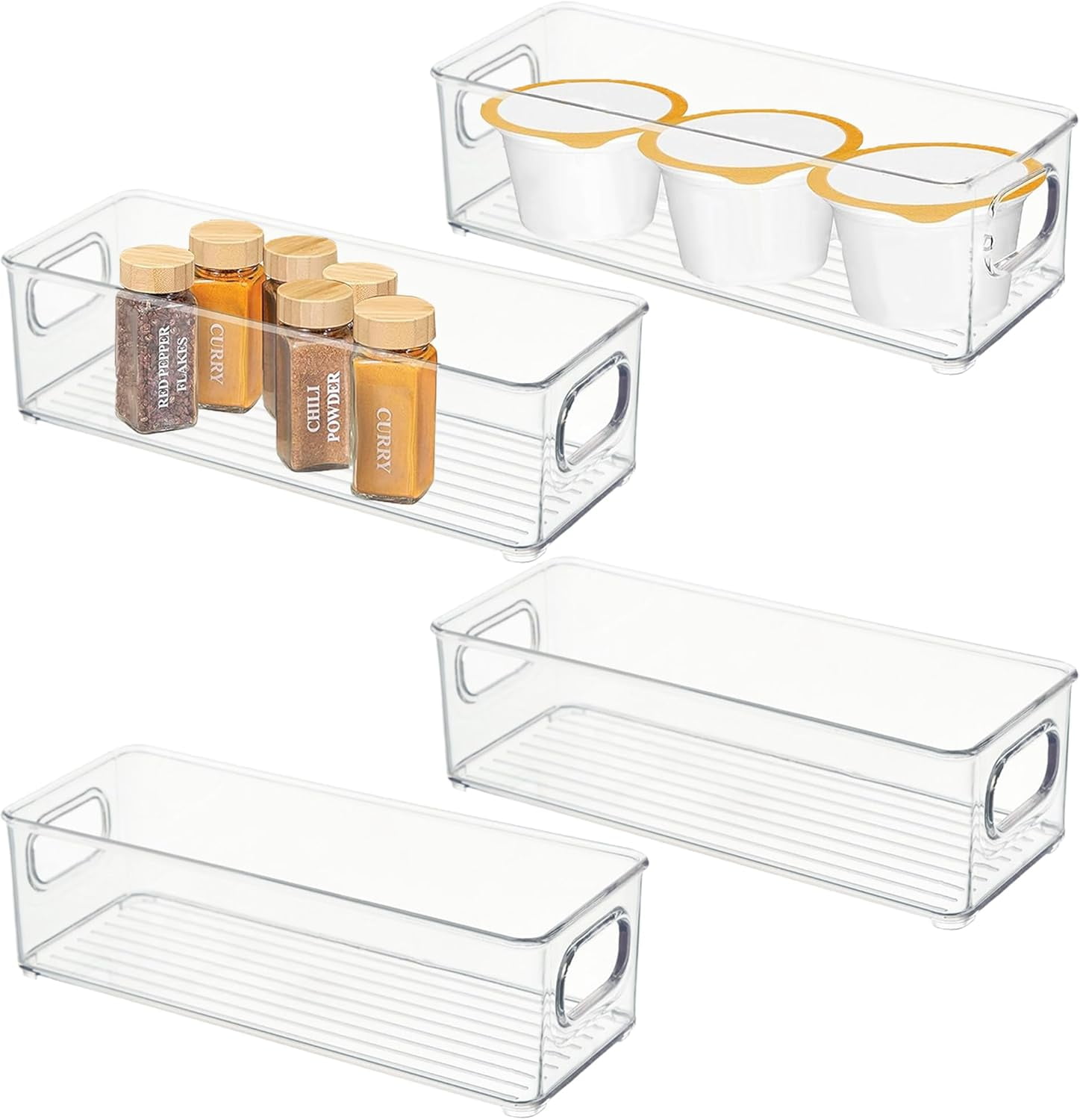 Plastic Storage Bins Organizing Containers:4pcs Fridge Organizer Bins,Clear Stackable Storage Bins with Handles,Organizing Bins for Kitchen,Pantry,Fridge,Shelf