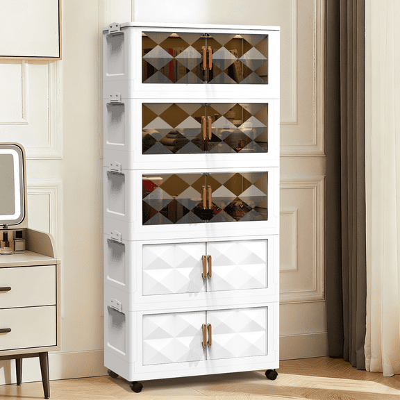 ZOWWKLLY Stackable Storage Bins with Lids, 5 Tier Stackable Plastic Storage Bins with Wheels & Door,254QT/63.5GAL Storage Box Collapsible Storage Bins for Bedroom, Living Room, Office