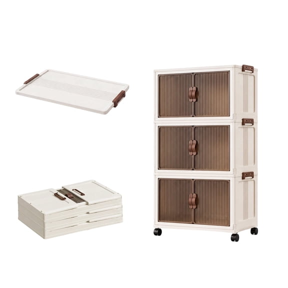 Plastic Storage Bins with 1 Lid,3-Tier Stackable Bins with Doors and Wheels, Foldable Storage Boxes, for Closets, Bedroom, Living Room, Office, White