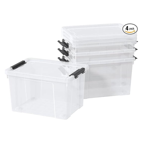 Plastic Storage Bins with Lids & Wheels, 4 Pack - 23L Stackable Containers - Clear Organizer Box for Home, Office, Clothes, Toys