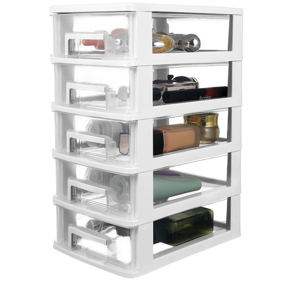 Storage Box,Multifunctional 5-Layer Storage Cabinet Drawer Type Closet Tower Storage Container Case with Clear Drawer for Home White