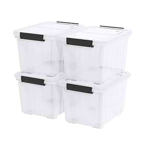 Plastic Storage Boxes 30L 4-Pack with Wheels - Clear Storage Bins with Lids - Stackable Organizer Containers for Home, Garage, Clothes, Toys