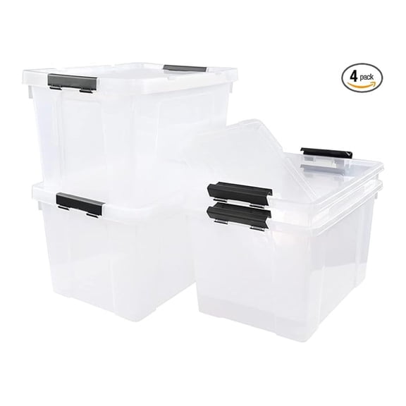 Plastic Storage Boxes 4-Pack, 32 Quart Clear Storage Bins with Lids & Wheels - Large Home Organization Containers for Clothes, Toys, Holiday Decorations