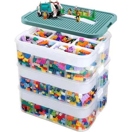 Plastic Storage Boxes Compatible with Lego Storage Organizer, Stackable Toys Organizer Clear Compartment Craft Containers for Building Blocks Bricks Puzzle Board Organizer Accessories, 3 Layer