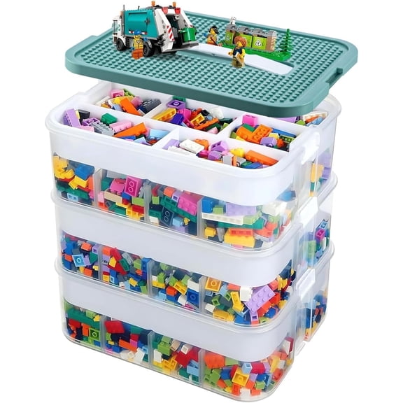 Plastic Storage Boxes Compatible with Lego Storage Organizer, Stackable Toys Organizer Clear Compartment Craft Containers for Building Blocks Bricks Puzzle Board Organizer Accessories, 3 Layer