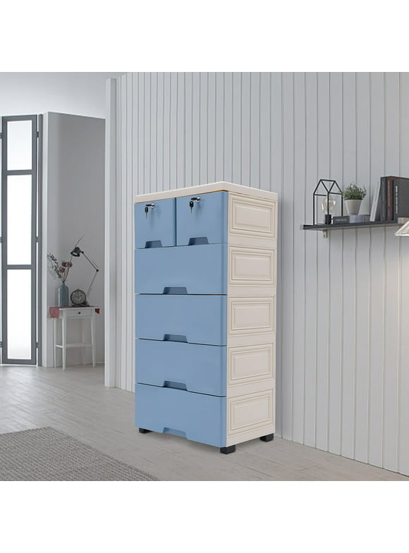 Plastic Storage Cabinet 6 Drawers Organizer with Wheels Lock Dresser Clothes Closet for Home Office Bedroom