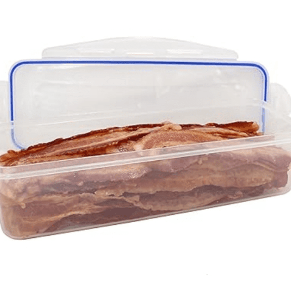 Plastic Storage Container for 2lbs Cooked or Uncooked Bacon, Meat, Food - Fresh Seal - Refrigerator, Freezer, Dishwasher, and Microwave Safe.