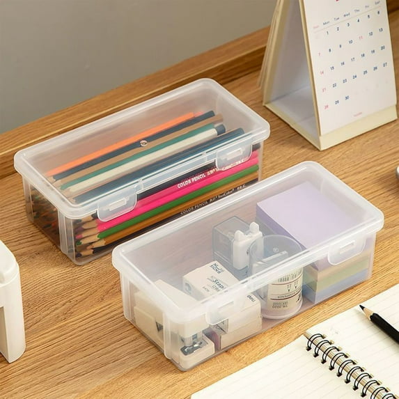Plastic Storage Containers with Lids for Office Supplies Pencil Box Supplies Makeup Craft and Charger with Buckles White*1 7.4 In