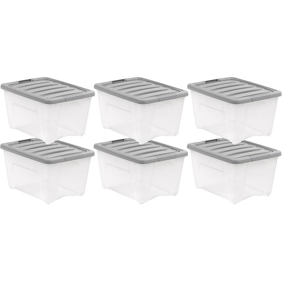 Plastic Storage Containers with Secure Latching Lids, Stackable Organization Bins, 32 Quart, Set of 6, Clear/Grey