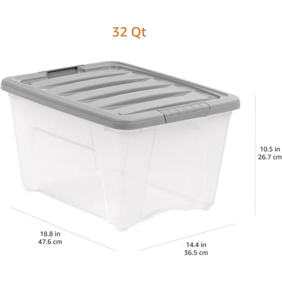 Plastic Storage Containers with Secure Latching Lids, Stackable Organization Bins, 32 Quart, Set of 6, Clear/Grey