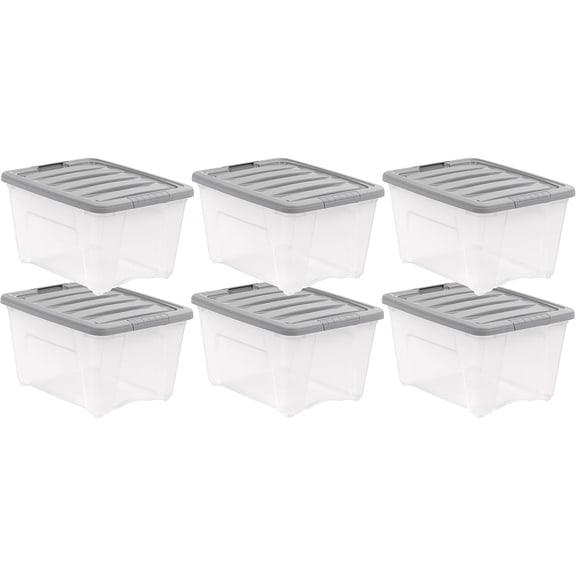 Plastic Storage Containers with Secure Latching Lids, Stackable Organization Bins, 32 Quart, Set of 6, Clear/Grey