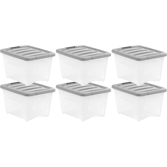 Plastic Storage Containers with Secure Latching Lids, Stackable Organization Bins, Clear/Grey, 19 Quart, Set of 6
