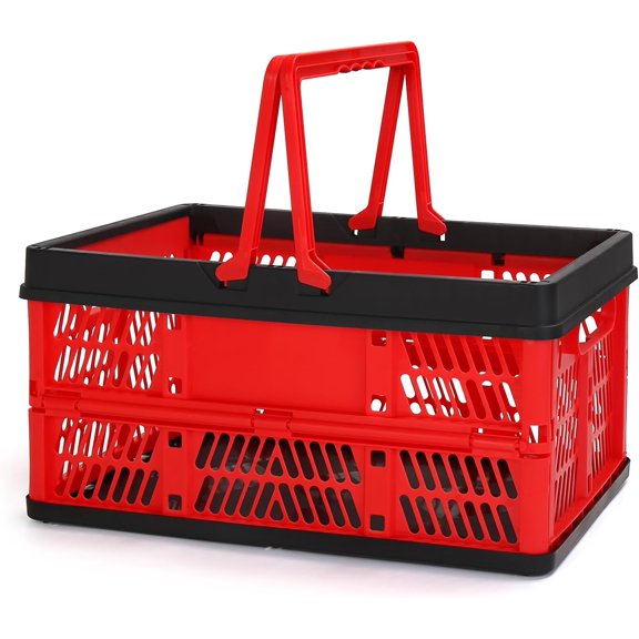 Plastic Storage Crate, Collapsible Crate for Storage Stacking Folding Storage Basket, Collapsible Shopping Basket,Car Storage Basket, Milk Crate with Handles for Kitchen, Bathroom, 20L (Red)