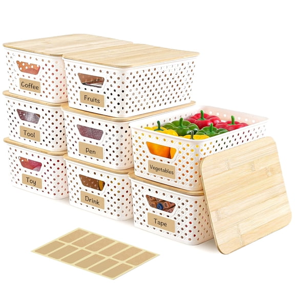 Plastic Storage Crates Large 8 Pack Stackable Organizer with Bamboo Lids