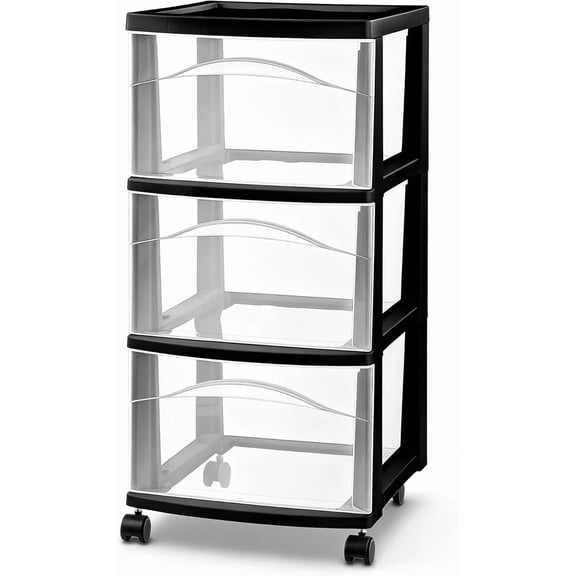 Plastic Storage Drawer Cart, Medium Home Organization Storage Container with 3 Large Drawers w/Removeable Wheels (1 Pack, Black)