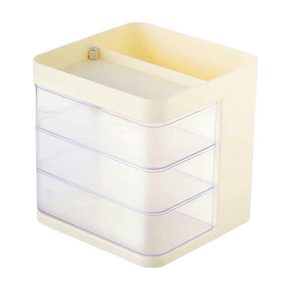 Plastic Storage Drawers Rotating Desk Organizer with 3 Compartments and Pen Holder, Transparent Division Box for Office and Makeup, 6.02 x 5.90 x 5.70 in
