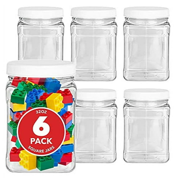 Plastic Storage Jars (6 Pack) - 32 Oz Square Plastic Canisters with Lids - Shatterproof Plastic Storage Jars with Lids - Reusable Wide Mouth Clear Plastic Containers with Lids - Stock Your Home