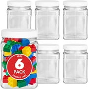 Plastic Storage Jars 6 Pack - 32 Oz Square Plastic Canisters with Lids - Shatterproof Plastic Storage Jars with Lids - Reusable Wide Mouth Clear Plastic Containers with Lids - Stock Your Home