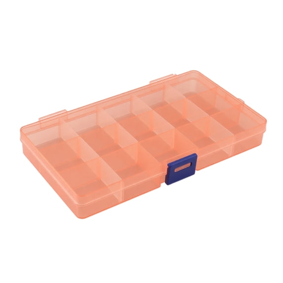 Plastic Storage Organizer Box, Orange Transparent 15-Grid Divided Design, 1 Pack Portable Container, for Storing Small Craft Beads Jewelry Hardware Screws Fishing Accessories Office Supplies