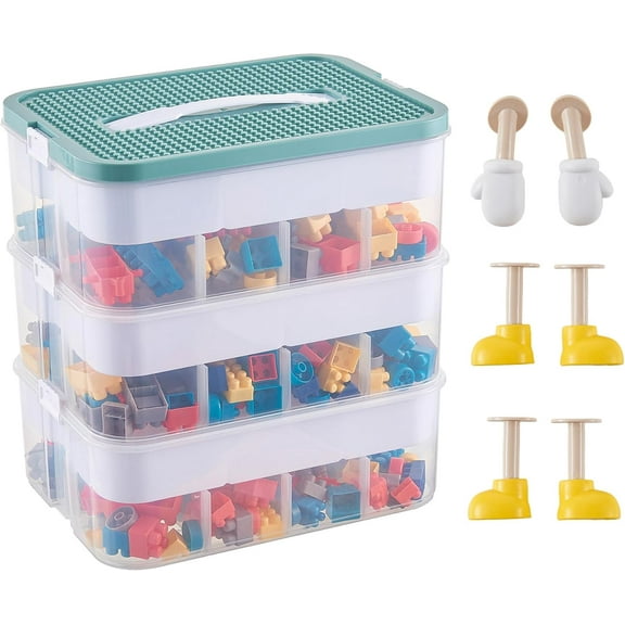 Plastic Storage Organizer for lego with DIY Accessories, Clear Stackable Storage Box with Building Bricks and Handle, Adjustable Compartments for Crafts, 3 Layer Green