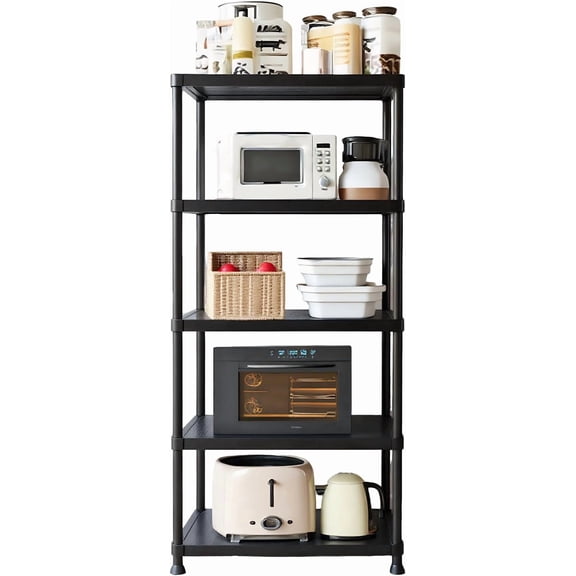 Plastic Storage Rack, 4/5 Shelf Sturdy Shelving Unit, Plastic Shelves, Garage Storage Shelves for Garage, Kitchen, Study, Bathroom, Single Layer 66LBS Load-Bearing Capacity (70.28H)
